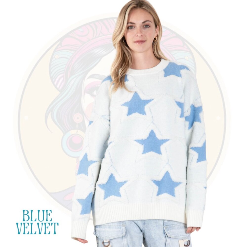 *Clearance* BLUE VELVET Thick Textured Star Graphic White Sweater with Blue